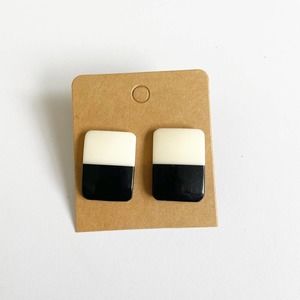 Vintage Black and White Horn Rectangle Post Earrings